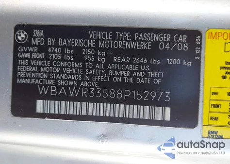 2008 BMW 328I из США, поврежденный, VIN WBAWR33588P152973